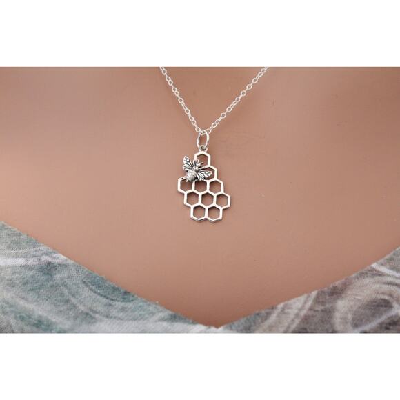 Sterling Silver Honey Bee Charm with Honeycomb Necklace - Picture 1 of 3